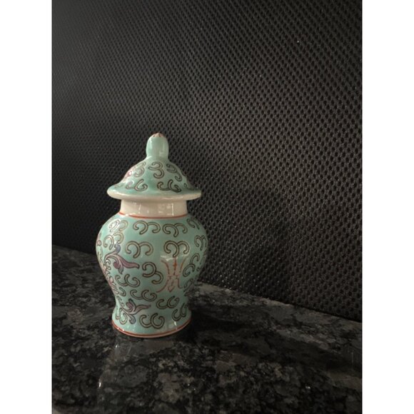 Small Decorative Porcelain Jar With Lid & Floral Motif - Mint Green Pink & White - Picture 3 of 8